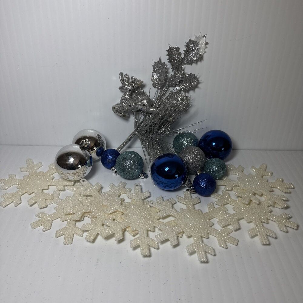 Silver and Blue Ornaments Snowflakes Christmas Tree Assortment 18pc